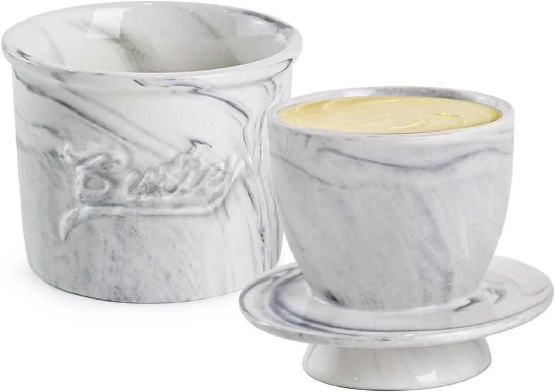 Butter Crock for Counter with Water, French Butter Keeper for Spreadable Butter Marble Ceramic Butter Dish with Lid for Countertop, Butter Container Holder