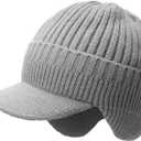 Winter Hat with Brim and Ear Flaps for Men, Knitted Hat with Fleece Lining for Warmth Caps for Men Women (Grey)