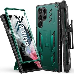 FNTCASE for Samsung Galaxy S22 Ultra Case: Built-in Screen Protector & Kickstand & Belt-Clip Holster, Full-Body Dual Layer Rugged Shockproof Protective Phone Cover-Jade Green
