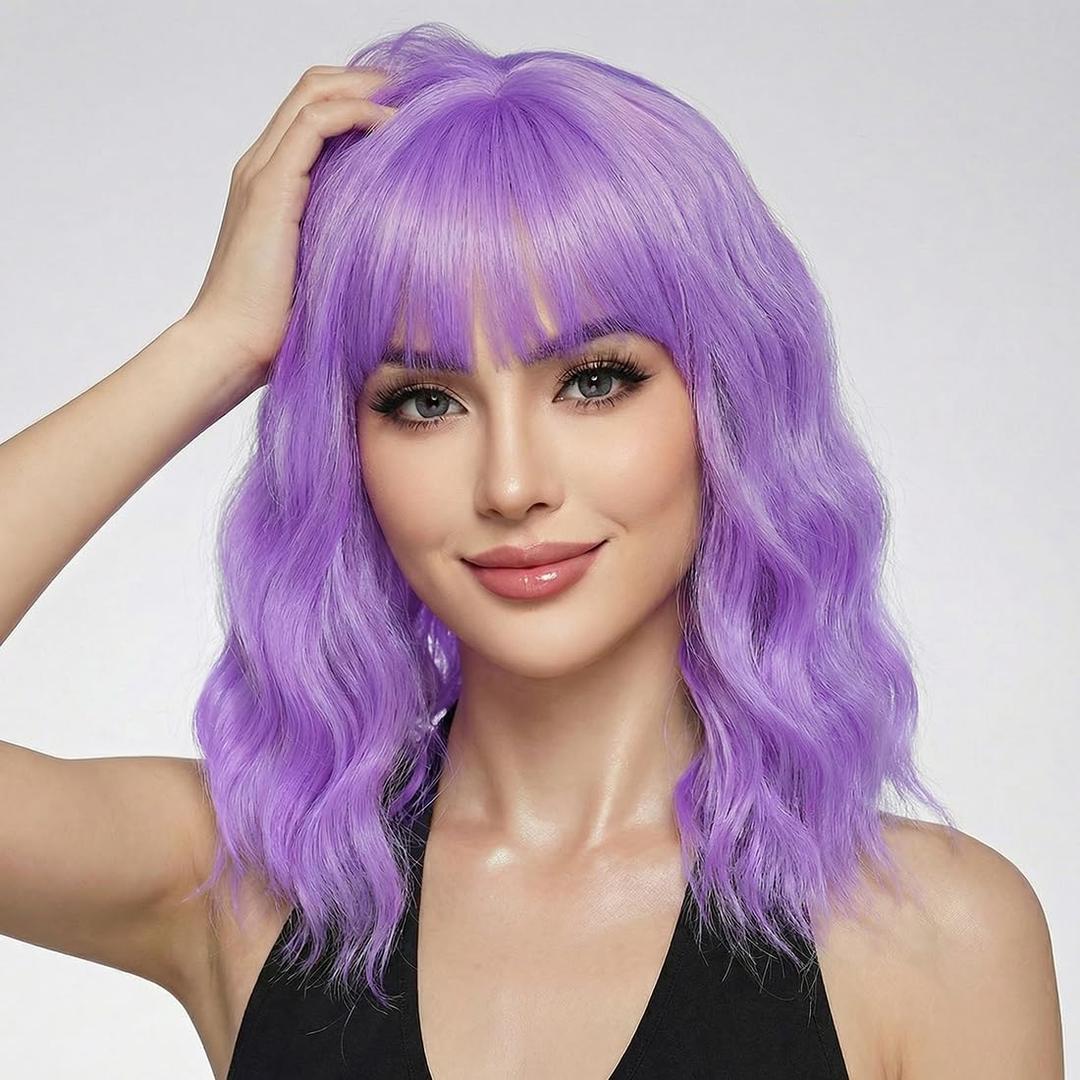 Pastel Purple Wavy Bob Wig for Women, Short Shoulder Length Synthetic Wig with Bangs, Natural Looking Lightweight Hairpiece for Daily Wear & Cosplay Costume Party