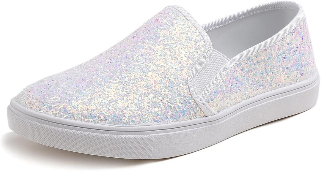 FEVERSOLE Women's Fashion Slip-On Sneaker Casual Flat Loafers (9, White Glitter)
