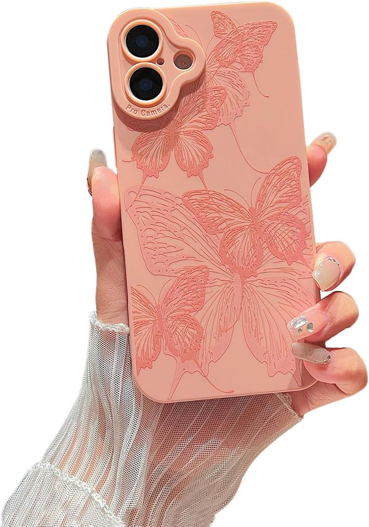 Compatible with iPhone 16 Case Cute Butterfly Pattern Design for Girls Women, Soft Silicone Shockproof Protective Designed for iPhone 16 Case-Pink