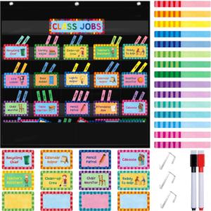 SpriteGru Class Jobs Pocket Chart, 1 Pocket Chart+83 Erasable Cards+3 Metal Hooks+2 Markers, Teachers Helper for Classroom Home School Bulletin Board (24.6 x 26, Black)