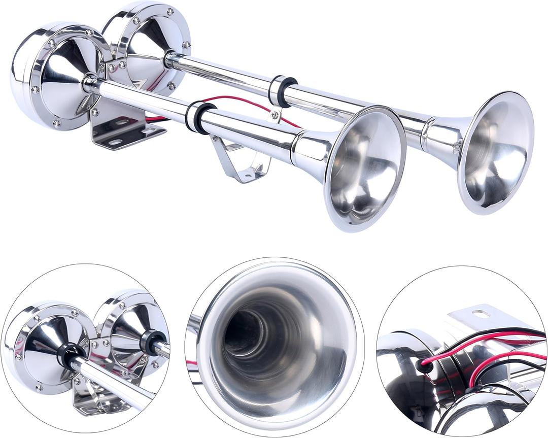 Amarine Made 12v Marine Boat Horn 125db Stainless Steel Dual Trumpet Horn for Ship Truck RV Trailer, Low and High Tone, 18-1/2"
