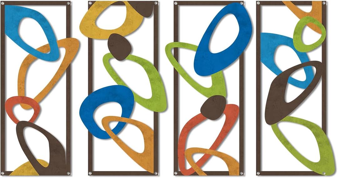 4 Pcs Mid Century Modern Decor Midcentury Retro Wall Art Elegance Wall Accents Metal Abstract Geometric Panels for Interior Wall Decor Panel Wall Art for Home Living Room