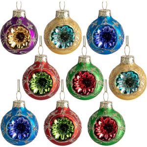9 Pcs Christmas Glass Reflector Ball Ornament, 1.6'' Hanging Decoration, Multicolored Glass Ball for Vintage Tree Decor, Party Flower Arrangement