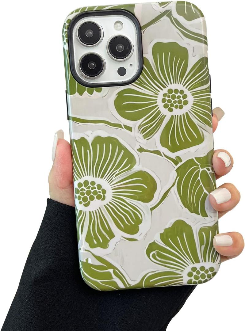 Compatible for iPhone 16 Plus Case, Cute Green Flowers Pattern Case for Women, with Shockproof Soft TPU and Hard PC 2-Layer Protective Cover Designed for iPhone 16 Plus 6.7"-Green