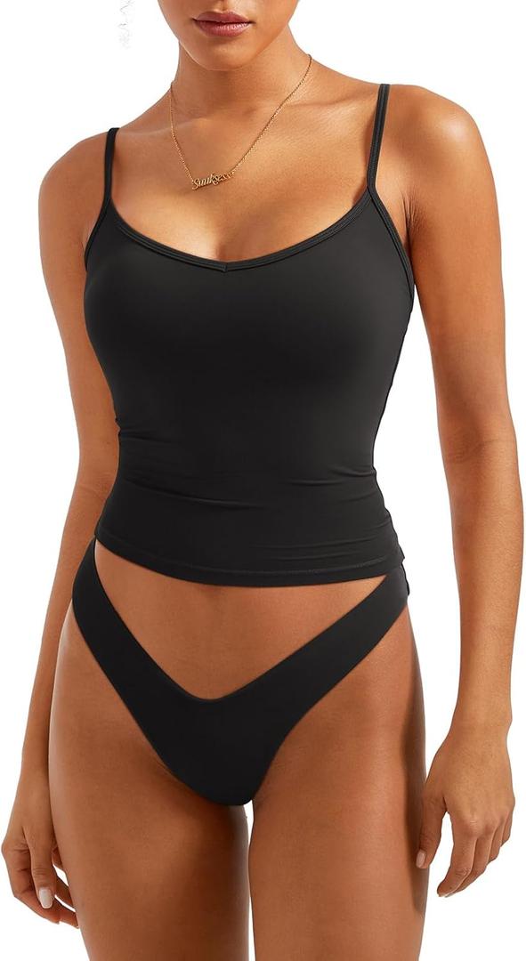 SUUKSESS Women Sexy V Neck Tank Tops Y2K Going Out Top Fitted Basic Cami Shirts (Small, Black)