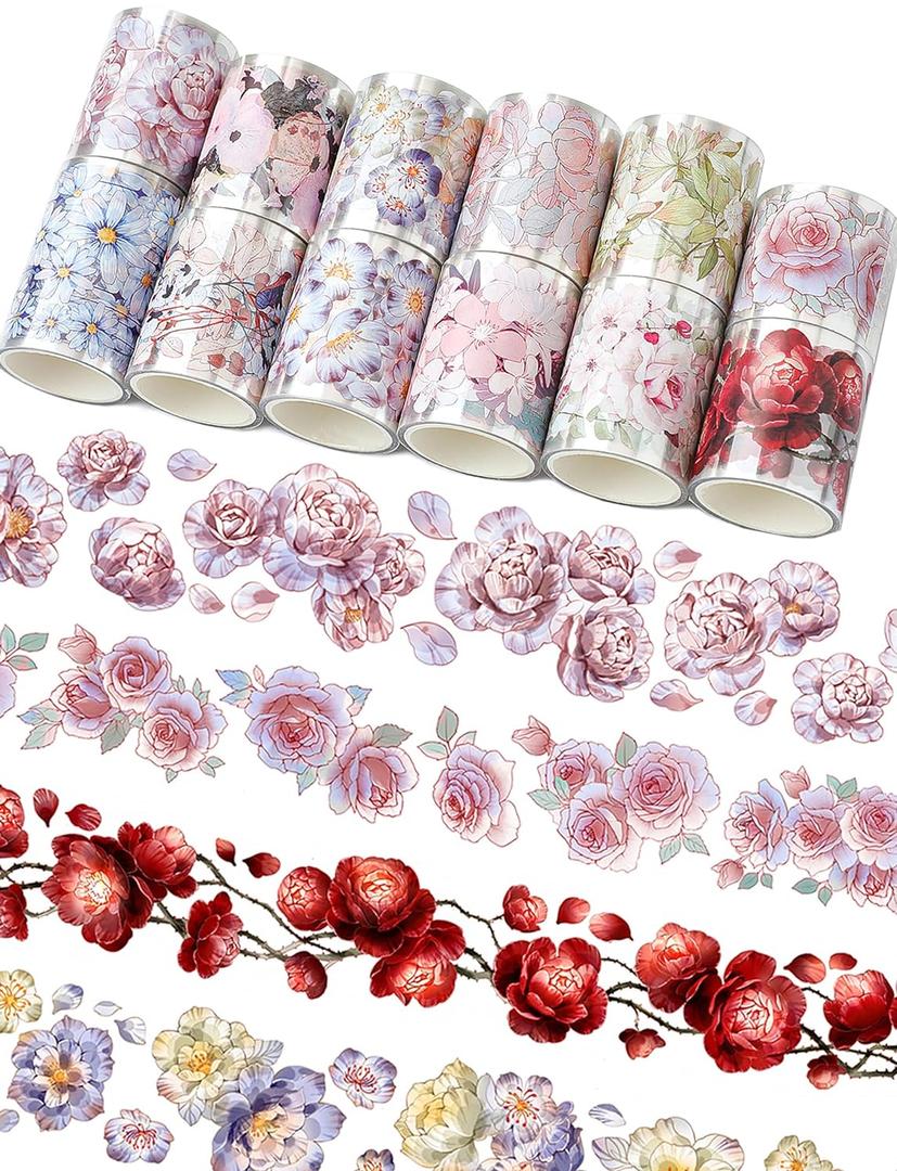 Floral Washi Tape Set - 12 PET & Washi Tapes for Journaling Stickers, Scrapbooking Supplies, Planner, Bullet Journals,Arts & Crafts. Use as Stickers (Flowers)