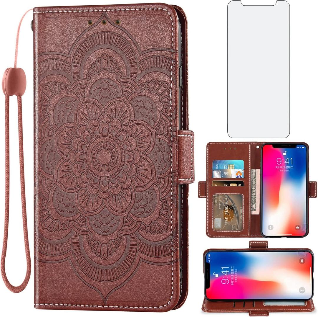 Asuwish Compatible with iPhone Xs X 10 10s Wallet Case and Tempered Glass Screen Protector Flip Card Holder Slot Cell Phone Cover for iPhoneX iPhoneXs iPhone10 i PhoneX SX 10x 10xs Xs Women Men Brown