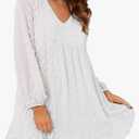 Blooming Jelly Womens White Dresses Flowy Babydoll Dress Chiffon Long Sleeve V Neck Cute Mini Tunic Dress Size Medium