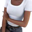 Roselux Women's Summer Scoop Neck Short Sleeve T-Shirts Ribbed Knit Slim Fitted Casual Basic Top, White, M