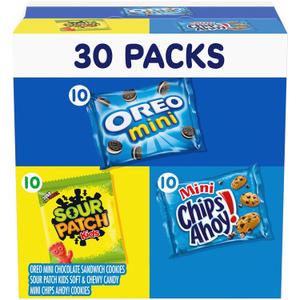 Nabisco Cookies & Candy Variety Pack, SOUR PATCH KIDS Candy, OREO Mini Cookies, and Mini CHIPS AHOY! Cookies, 30 Snack Packs, Best By: 09/13/2025
