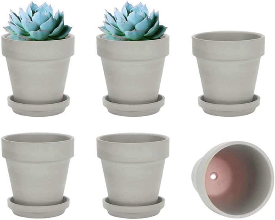 vensovo Grey Terracotta & Clay Pots with Saucer - 6 Pack 5 Inch Terra Cotta Pot Ceramic Pottery Planter Cactus Flowerpots Drainage Hole, Great for Plants, Crafts and Wedding Favor (Gray)
