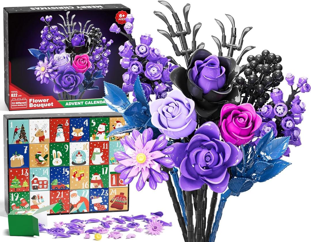 Advent Calendar 2025 for Adults Teens, 12 Purple Rose Flower Bouquet Building Blocks, 24 Days Surprise Christmas Countdown Calendar with 822 PCS Gothic Artificial Flowers Home Decor for Women Men Teen