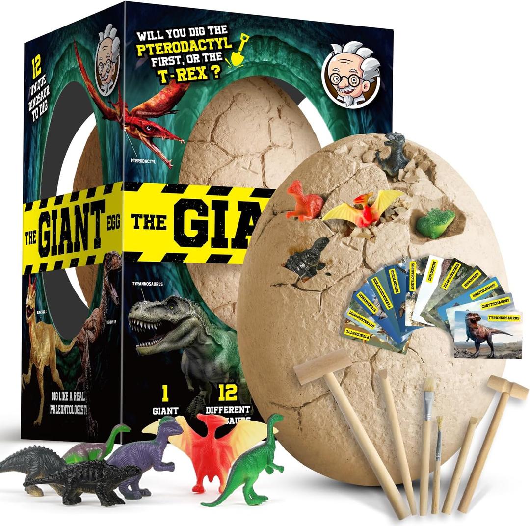 Dinosaur Egg Dig Kit, Unearth a Jumbo Dino Egg with 12 Unique Large Surprise Dinosaur Toys, Ideal Educational STEM Toys and Gifts for Kids Aged 5-7, Suitable for Party and Easter