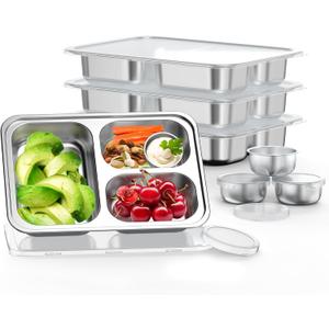 Bakpoco Stainless Steel Divided Plate for Kids Toddler, Non Toxic Portion Control Plate Dinner Plate with Lid for Adults Weight Loss, 4 Pack 3 Sections Rectangular Snack Plate Tray
