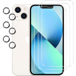 3 Pack Screen Protector for iPhone 13 with 3 Pack Camera Lens Protector, HD Tempered Glass, 9H Hardness, Full Coverage, Scratch-Resistant, Waterproof, Bubble-Free