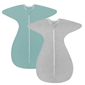 ZIGJOY Shark-Fin Transition Swaddle - 0.5 Tog Rayon Made from Bamboo Sleep Sack Soft Transitional Swaddle Baby Wearable Blanket with 2-Way Zipper, Green&Grey, 3-6 Months