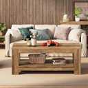 Tohomeor Wood Coffee Table for Living Room, 47.24 Inch Farmhouse Coffee Table with Storage, 2-Tier Accent Center Table with for Home Office Apartment, Retro Brown
