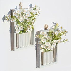 UBOSU 2 Pcs Artificial Flowers Wall Hanging Decor Australian Wintersweet 3D Decorative Painting Retro Vintage Wooden Frame Size: 9" x 6" (White)