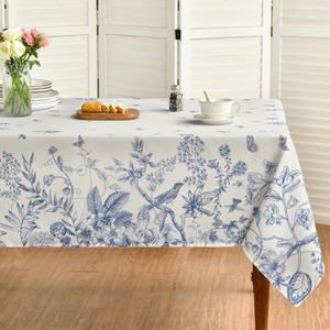Horaldaily Spring Tablecloth 60140 Inch, Hand-Drawing Flowers and Birds Washable Table Cover for Party Picnic Dinner Decor (60" x 140" (Rectangular), Blue)