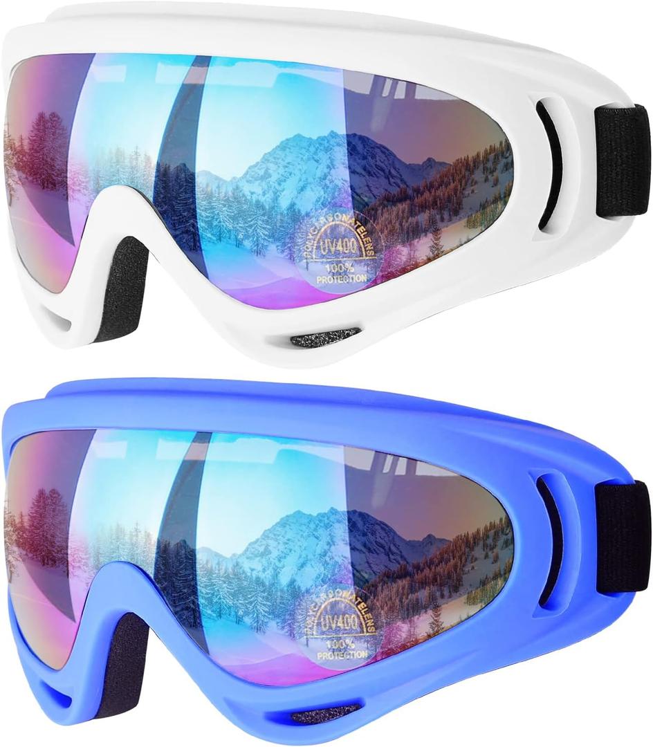 COOLOO Ski Goggles, 2 Pack Snow Goggles Snowboard Goggles for Men Women Kids - UV Protection Foam Anti-Scratch Dustproof (One Size, 04.white/Blue)