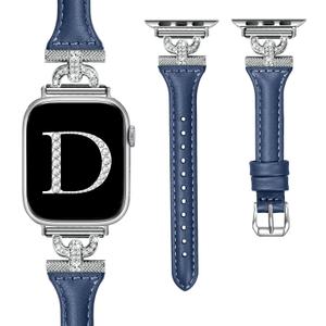 OULUCCI Slim Leather Bands Compatible with Apple Watch Band For women 40mm 41mm 38mm 44mm 45mm 49mm 42mm 46mm, D-Shape Diamonds For iWatch Women Bands Series 10 9 8 SE 7 6 5 Ultra 4 3 2 1 (Navy blue)