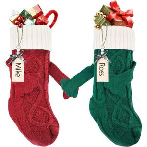 2 Pack Christmas Stockings with Name Tags, 18Inches Large Cable Knitted Personalized Xmas Stocking for 2024 Xmas Kids Gift, Family Fireplace Holiday Party Decoration,Splicing Color(2 Pc) (Red, Greenholding Hands Style))