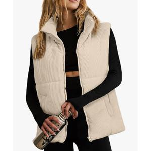 EVALESS Corduroy Puffer Vest for Women Lightweight Stand Collar Sleeveless Jackets Zip Up Clothes Fashion 2025, Medium