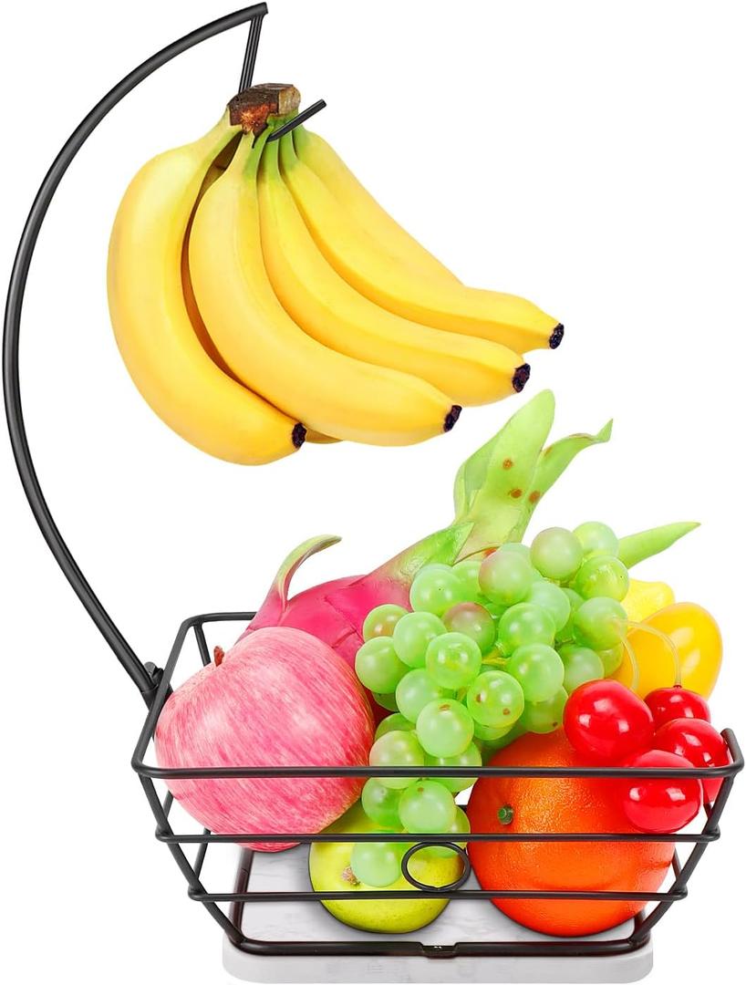Livabber Countertop Fruit Basket Bowl with Banana Hanger, Modern Standing Fruit Vegetable Bowl Storage, with Banana Tree Holder for Kitchen Dinning Table (Square Marble, Black)