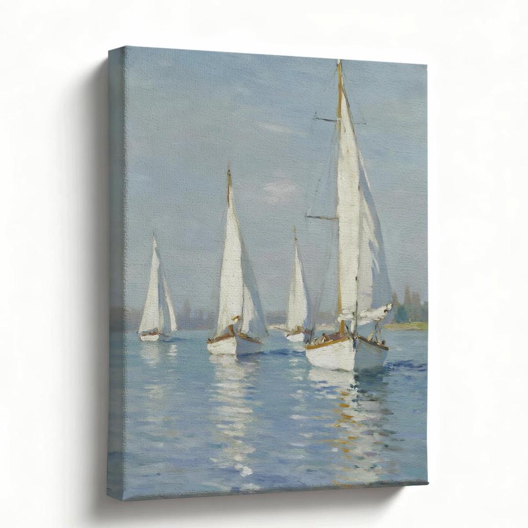 Sailboats on Blue Water Canvas Wall Art, Coastal Nautical Oil Painting Print, Gallery Wrapped Sea Landscape, Bathroom Bedroom Living Room Office Decor, Ready to Hang, 8x10 Inches