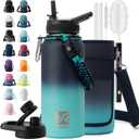 Insulated Water Bottle | Thickened Stainless Steel Vacuum Metal | Portable Sports Water Jug for Gym and Hiking with Straw, Carrier Bag, Handle Strap | BPA-Free 32 oz (Black-Cyan)