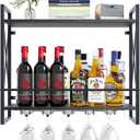 Dokser Wine Rack Wall Mounted 2 Tier Shelf, Wall Wine Rack with Rustic Wood & Industrial Iron Frame, Wine Bottle Holder for Kitchen, Dining Room, Home Bar Decor (Black) (Short)
