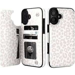 HAOPINSH for iPhone 16 Plus Case Wallet with Card Holder, White Leopard Cheetah Pattern Back Flip Folio PU Leather Kickstand Card Slots Case for Women Girls, Double Magnetic Clasp Shockproof Case 6.7"