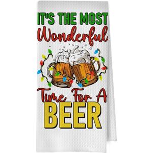Christmas Beer Kitchen Towels - Beer Gifts Waffle Decorative Dish Towels, Christmas Drinkers Hand Tea Towel for Kitchen Bar Cart, 16x24 Inches