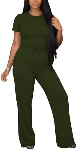 Ulovmi Women's Casual 2 Piece Outfits Short Sleeve Top and Wide Leg Pants with Pocket Loose Fit Lounge Sets Tracksuit XL Army Greeen