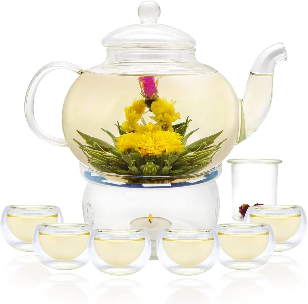 Glass Teapot Set, 27OZ/800ML Stovetop Safe Glass Tea Kettle with 6 Small Double Wall Tea Cups & Loose Tea Infuser & Tea Warmer, Microwave & Dishwasher Safe Tea Maker, Blooming Tea Gift Set