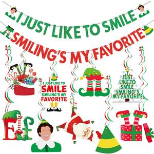 The Elf Christmas Banner Decorations Christmas Elf Decorations I Just Like To Smile Smiling's My Favorite Banner for Xmas Party Decorations Friendsmas Party Decorations (red green)
