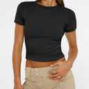 AUTOMET Womens Crew Neck Short Sleeve Basic Stretchy Slim Fit T-Shirt 2026 | Versatile Y2K style summer crop tops, perfect for business casual or athletic gym workouts (XS)