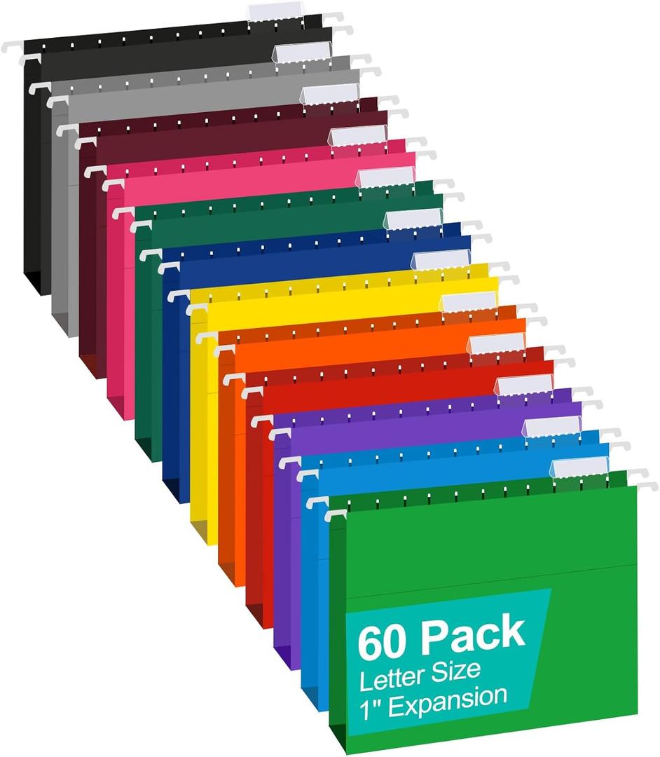HERKKA Extra Capacity Hanging File Folders, 60 Pack Reinforced Letter Size Hanging Folders with Heavy Duty 1 Inch Expansion, Designed for Bulky Files, Medical Charts, 12 Assorted Colors