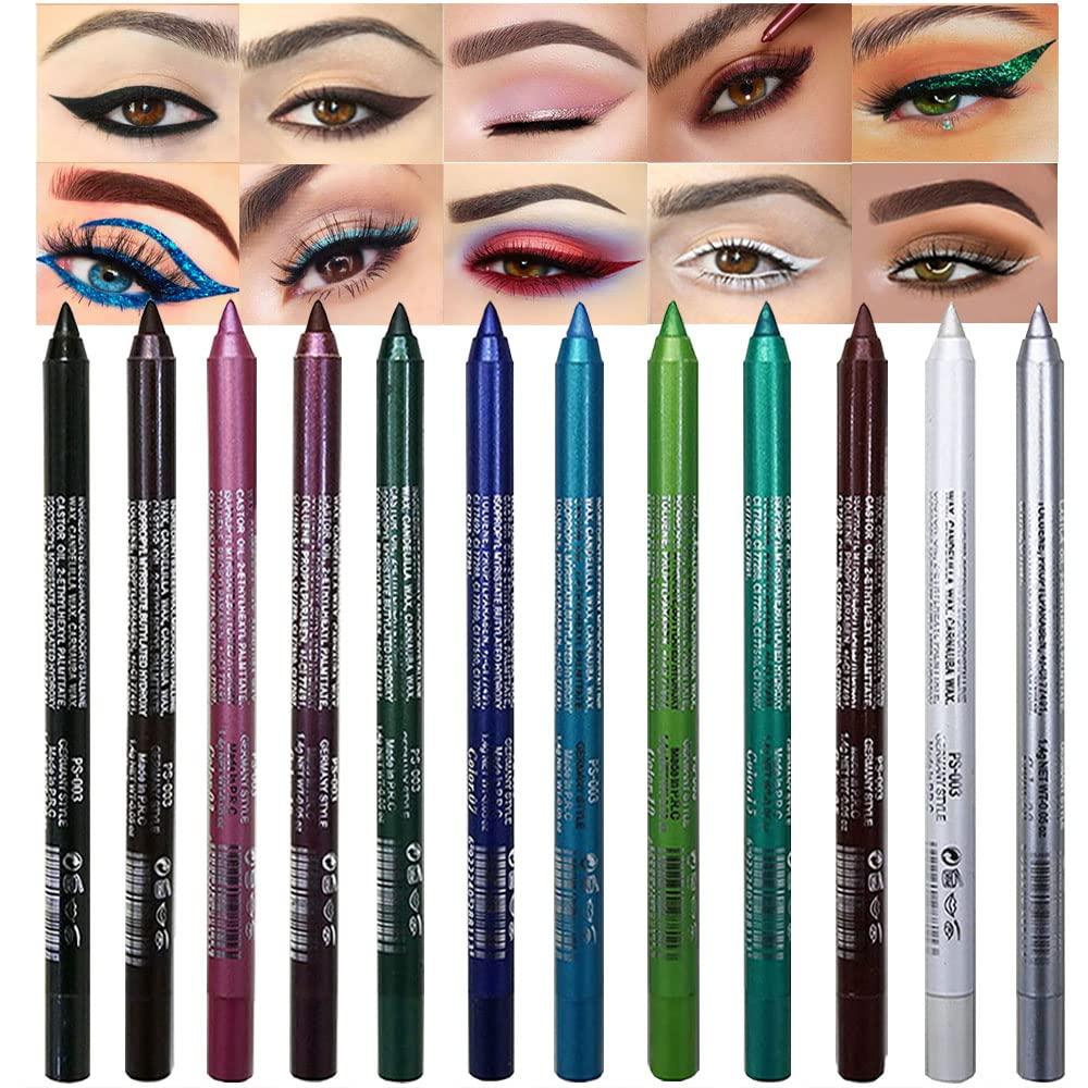 evpct 12Pcs Green Blue White Black Brown Purple Color Gel Glitter Eyeliner Pencils Set for Women Waterline Waterproof Smudge Proof lapiz de ojos delineador de ojos contra el agua Eye Liner Makeup 1-5 (Set05-Shimmer and Matte)