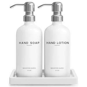 White Glass Soap and Lotion Dispenser Set by Brighter Barns - Bathroom Soap Dispenser Set Tray - Liquid Hand Soap Dispenser Pump - Modern Bathroom Accessories for Guest, Hotel, Spa, Restaurant (White)