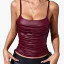 MakeMeChic Women's PU Leather Draped Camisole Spaghetti Strap Sleeveless Cami Top M