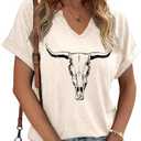 Summer Sexy V-Neck Vintage Western Rodeo Cowboy Steer Skull Shirt for Women Casual Boho Cowgirl Boots Graphic Tees (Beige, M)