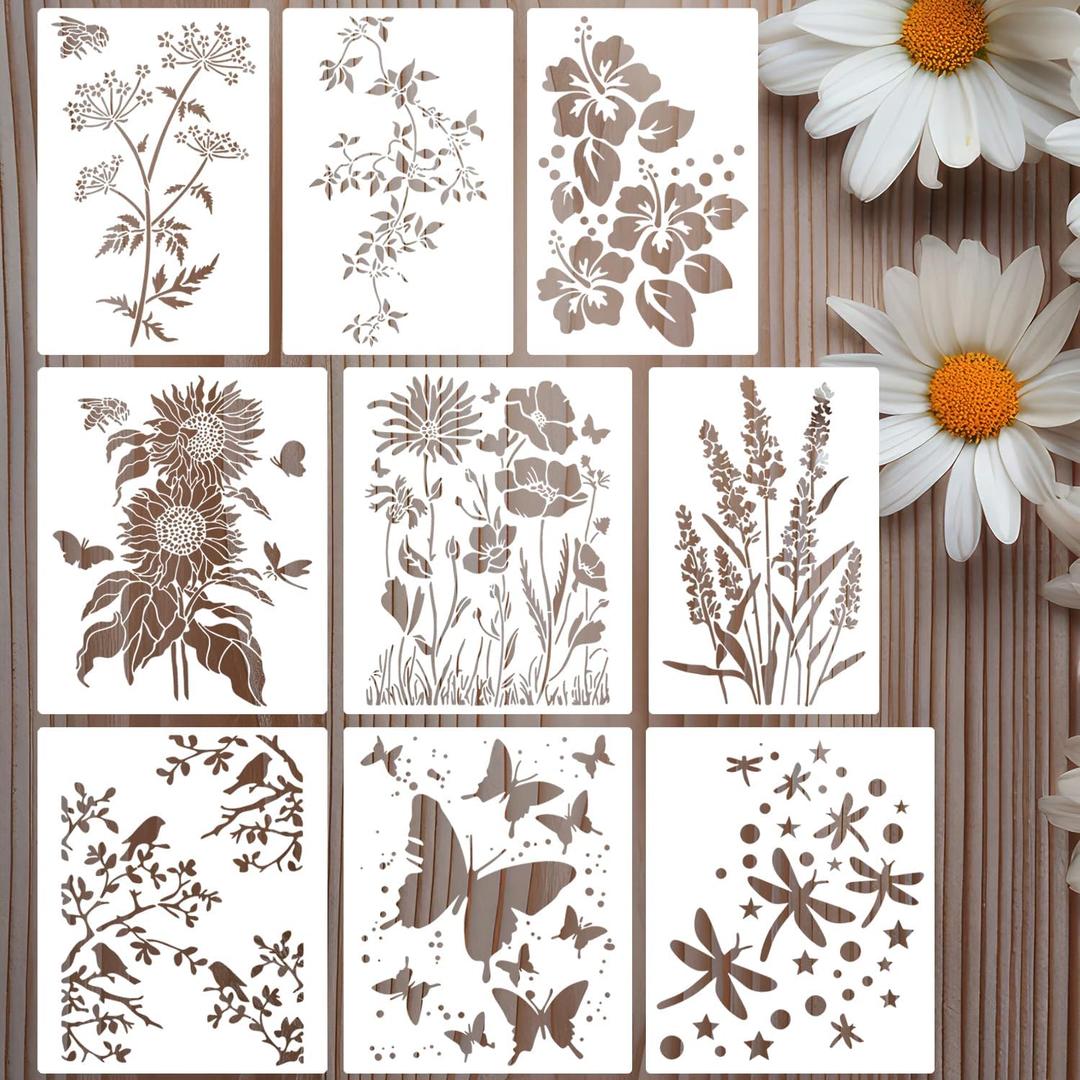 Large Flower Stencil 11.8” Flower Stencils for Painting Floral Stencils Reusable Sunflower Hibiscus Bird Butterfly Stencil for Wood Fence Wall Furniture Fabrics DIY Decor