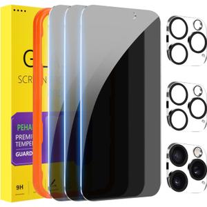 PEHAEL 3+3 Pack for iPhone 16 Pro Privacy Screen Protector with Camera Lens Protector Full Coverage Anti-Spy Tempered Glass Film 9H Hardness Easy Installation Bubble Free [6.3 inch]
