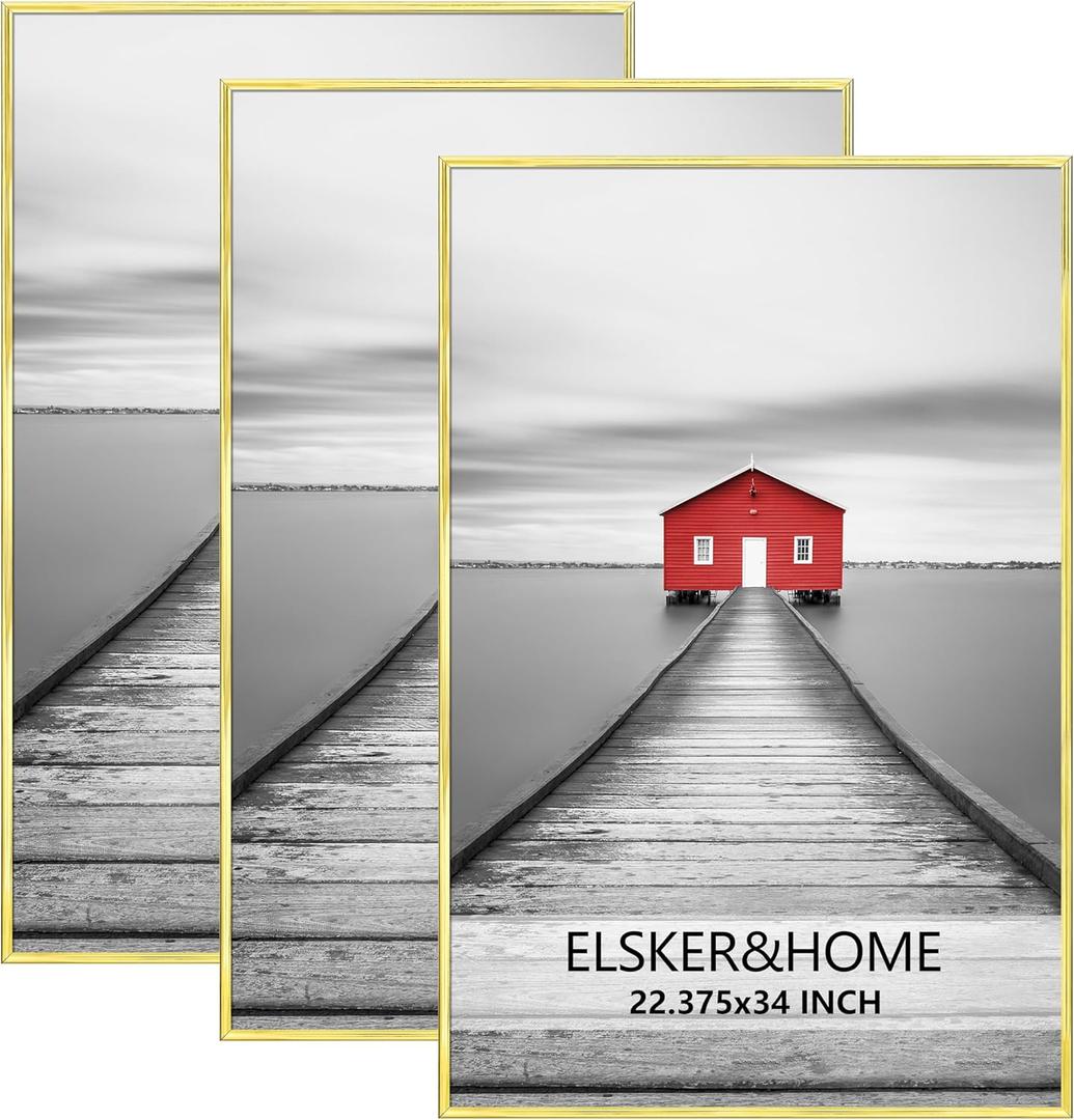 ELSKER&HOME 22.375x34 Poster Frame 3 Pack, Gold Picture Frame for Horizontal or Vertical Wall Mounting, Sturdy and Scratch-proof