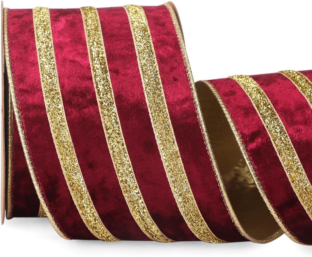 Ribbli Burgundy Velvet Wired Ribbon with Gold Sparkling Stripe 4 Inch Christmas Ribbon for Tree Gift Wrapping Wreaths Garland Topper Bows Crafts Home Decor -10 Yards
