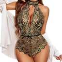 Avidlove Lingerie for Women Sexy Lace Bodysuit Deep V Teddy One Piece Babydoll Nightgown XXL (Black&Skin-(with Snap Crotch))